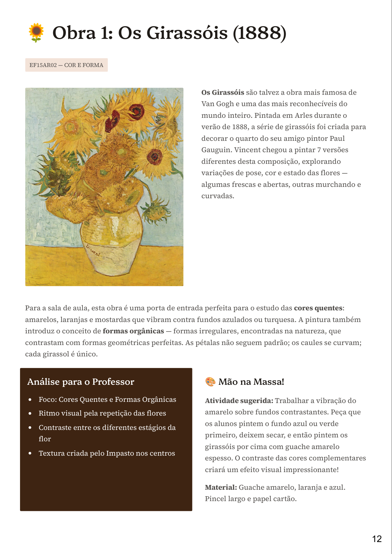 Página de plano de aula com atividades, Coleção Mestres da Arte